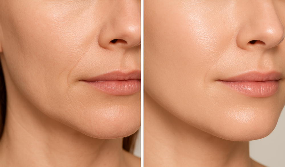 Before and after comparison of a woman's face with visible skin improvement.